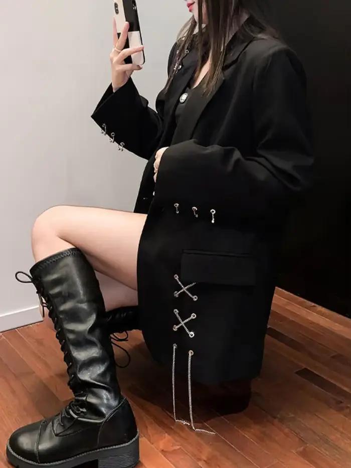 KOSAHIKI Harajuku femmes vestes noir gothique Punk Hip Hop solide Vintage Blazer manteaux Chic chaîne veste ample Streetwear