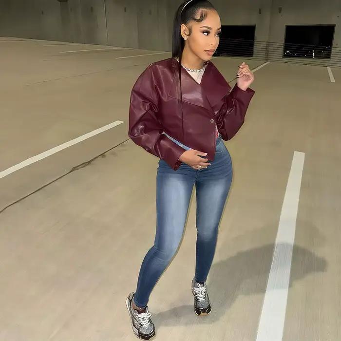 Bangniweigou asymétrique veste courte en cuir PU femmes printemps automne manches longues bordeaux vêtements d'extérieur