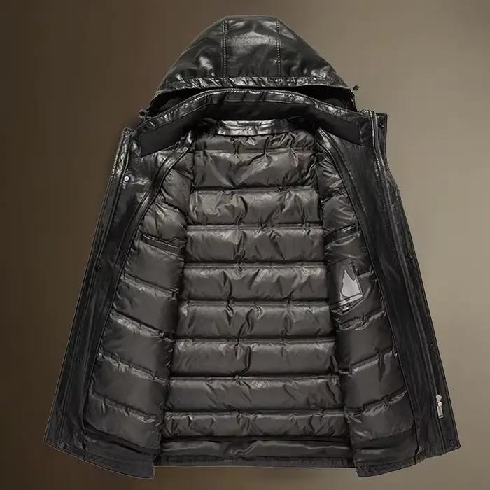 Veste à capuche en cuir véritable pour hommes, manteau en peau de mouton, coupe-vent masculin, doudoune d'hiver, manteau en duvet de canard
