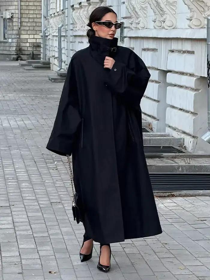 Trench-Coat noir à col montant pour femme, coupe-vent ample à manches longues, simple boutonnage, à la mode, vêtements d'extérieur de rue, automne 2025