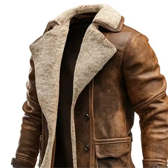 Vestes longues rétro pour hommes, manteau chaud en polaire et cuir PU, vêtements d'extérieur décontractés de style Cowboy, manteau marron coupe-vent pour homme, automne et hiver