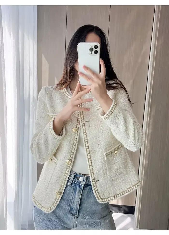 Manteau court en tweed pour femme, col rond, simple boutonnage, veste à carreaux adt, vêtements d'extérieur, nouveauté, 2024