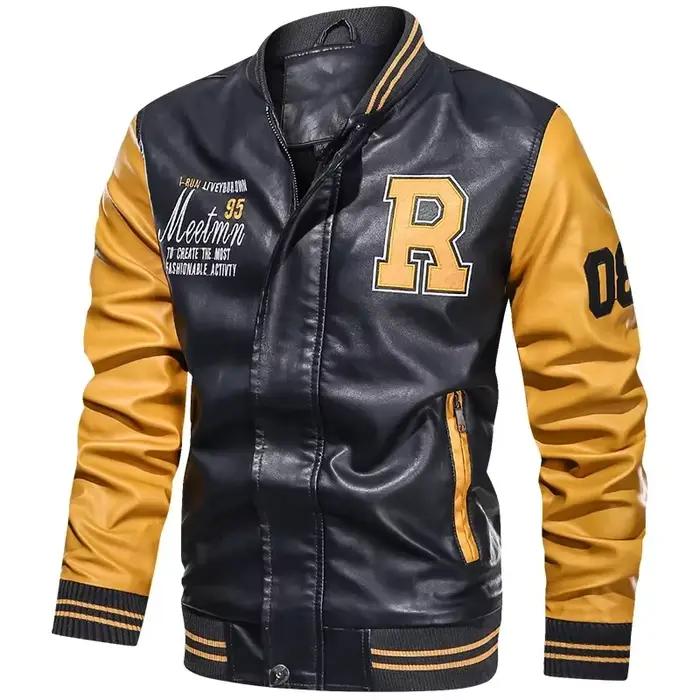 Blouson aviateur en cuir PU brodé pour hommes