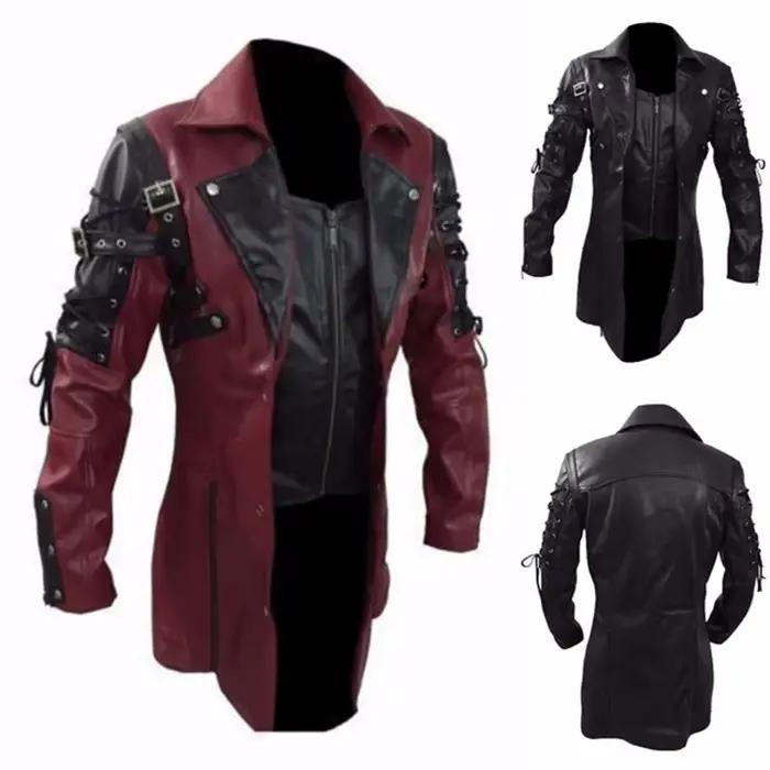 Veste de motard gothique médiéval pour hommes, veste en cuir, noir, rouge, style punk, manteau steampunk, automne, hiver, moto, 5XL