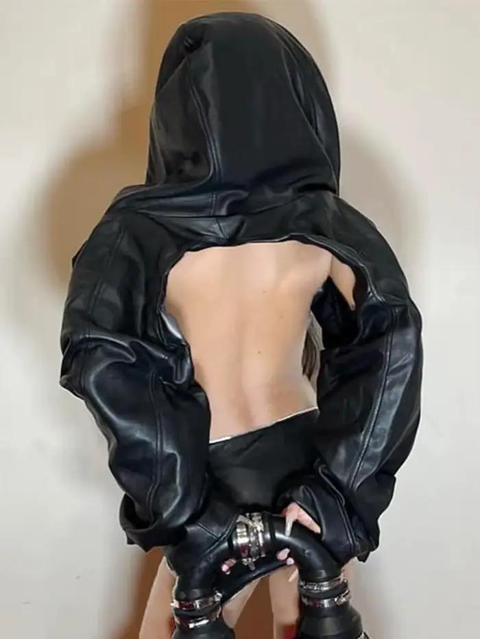 Vintage gothique Cyberpunk Pu veste courte femmes Y2K foncé Harajuku Streetwear Hip Hop Alt à manches longues en cuir à capuche manteaux femme