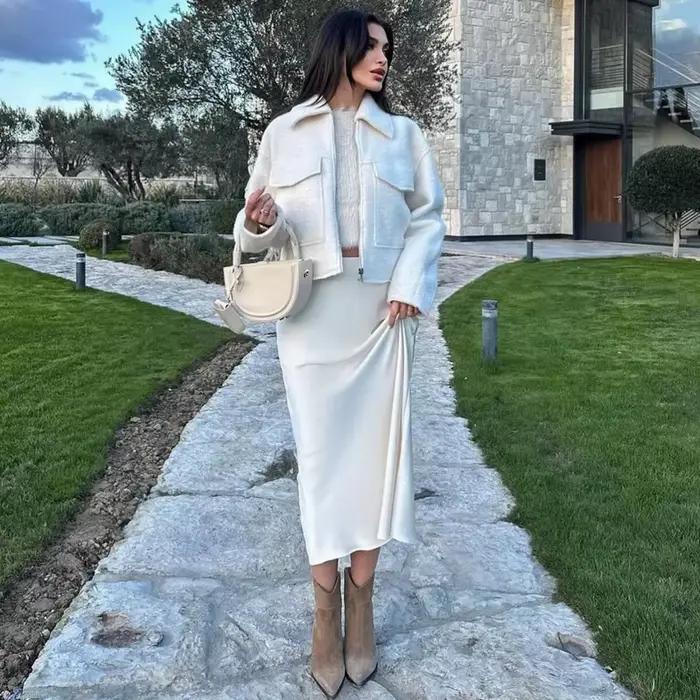 Mujer Blanc Tweed Veste Femmes Recadrée Bomber Veste Femmes à Manches Longues Veste à Glissière Femme Automne Streetwear Vêtements D'extérieure