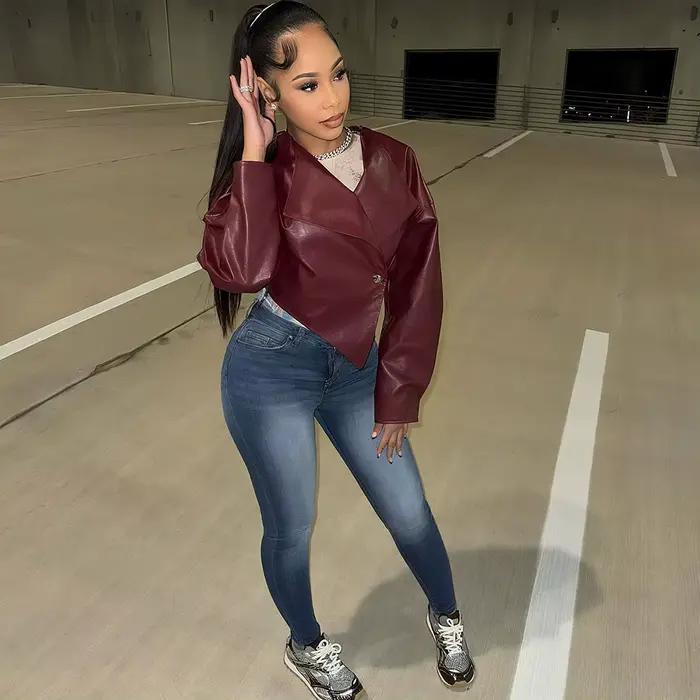 Bangniweigou asymétrique veste courte en cuir PU femmes printemps automne manches longues bordeaux vêtements d'extérieur