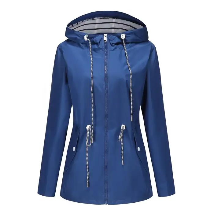 Veste à capuche imperméable bleue pour femmes, manteau décontracté à la mode, cordon de serrage à la taille, coupe-vent rouge vert jaune noir pour les sports et les occasions quotidiennes