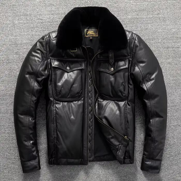 Doudoune en cuir noir pour homme, Style décontracté, grande taille 5XL, véritable peau de mouton naturelle, épais et chaud, col en laine, manteau en cuir, hiver