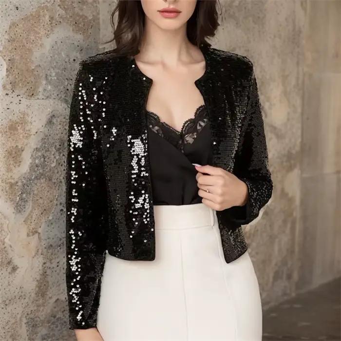 Manteau à Paillettes pour Femme, Veste Courte, Streetwear, Col Rond, Manches sulf, Décontracté, Slim, Printemps Été 2025