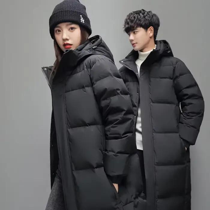 FGKKS 2025 Couple hiver doudoune mode classique mince Style coréen duvet de canard blanc hommes Long manteau femmes vêtements d'extérieur à capuche