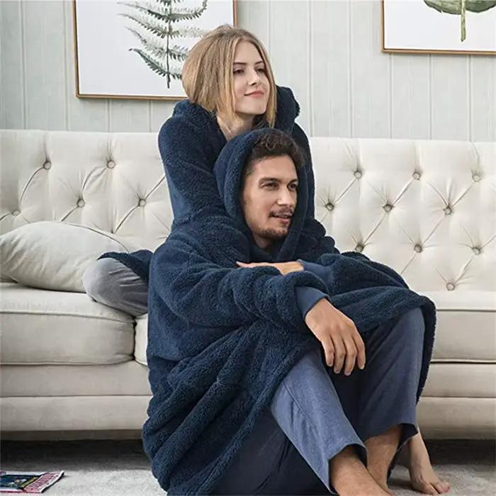 Femmes hiver épais chaud vêtements d'extérieur à capuche solide élégant doux Double polaire veste unisexe poche pull
