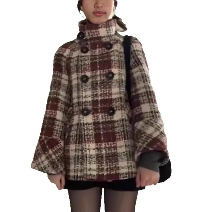 Femme manteaux d'hiver élégant chaud Plaid col montant poche manteau mode manteaux amples polyvalent décontracté femme veste nouveaux vêtements d'extérieur