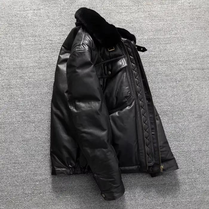 Doudoune en cuir noir pour homme, Style décontracté, grande taille 5XL, véritable peau de mouton naturelle, épais et chaud, col en laine, manteau en cuir, hiver