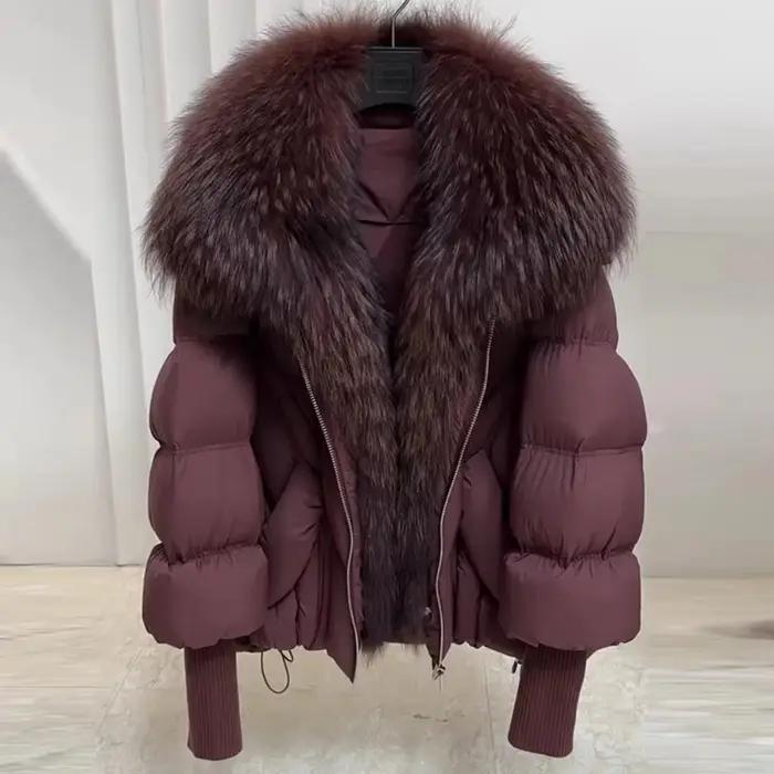 OFTBUY Nouveau Manteau d'hiver en fourrure de renard et de raton laveur véritable, grand modèle, pour femme, parka en duvet de plumes surdimensionnée, manches en tricot, veste en duvet de canard pour