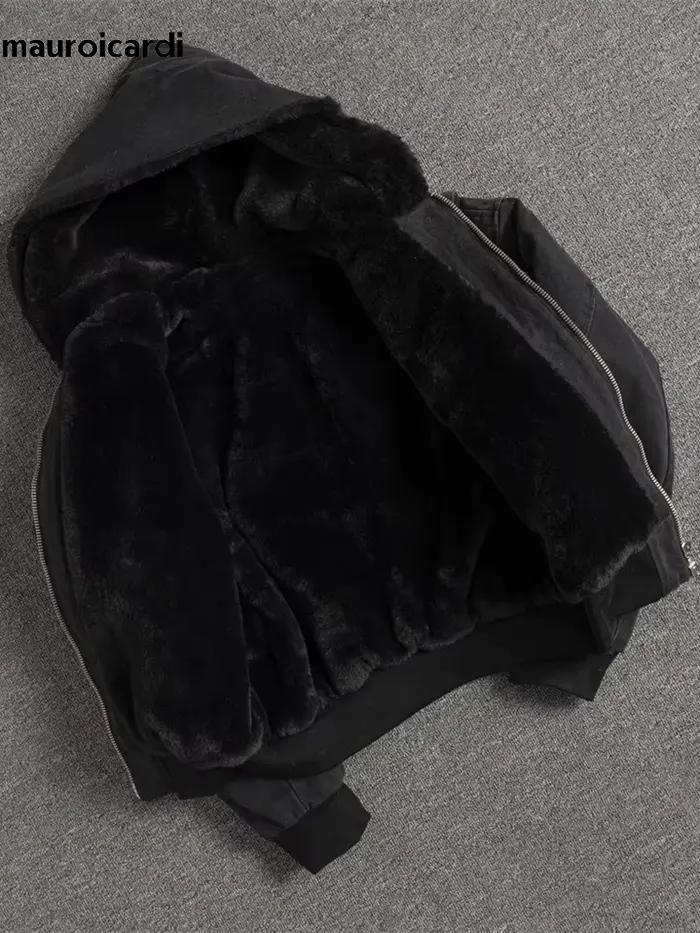 Mauroicardi automne hiver court épaissi chaud surdimensionné toile lavé rembourré veste avec fausse fourrure à l'intérieur ample sweat à capuche décontracté
