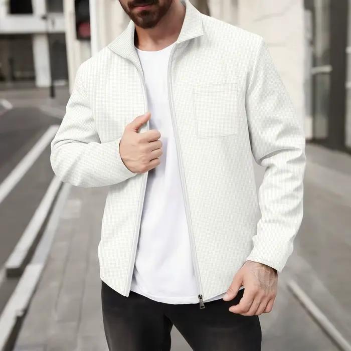 Veste zippée en tricot gaufré pour homme - Manteau léger décontracté à manches longues avec col rabattable et poche poitrine