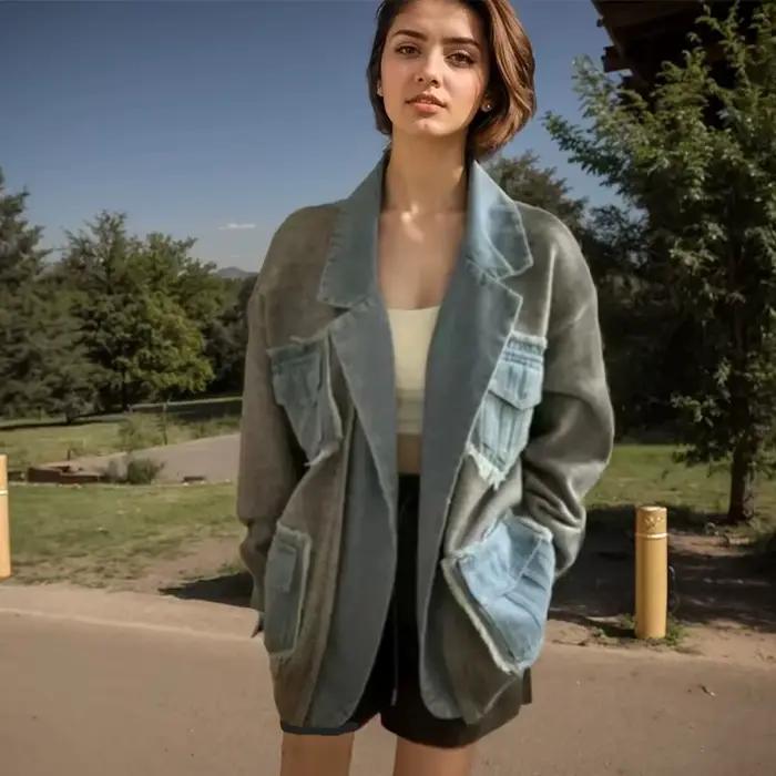 Veste pull en denim patchwork pour femme, manteau à col rabattu, poches, point ouvert, rue haute, mode, document solide pour femmes occassions estivales