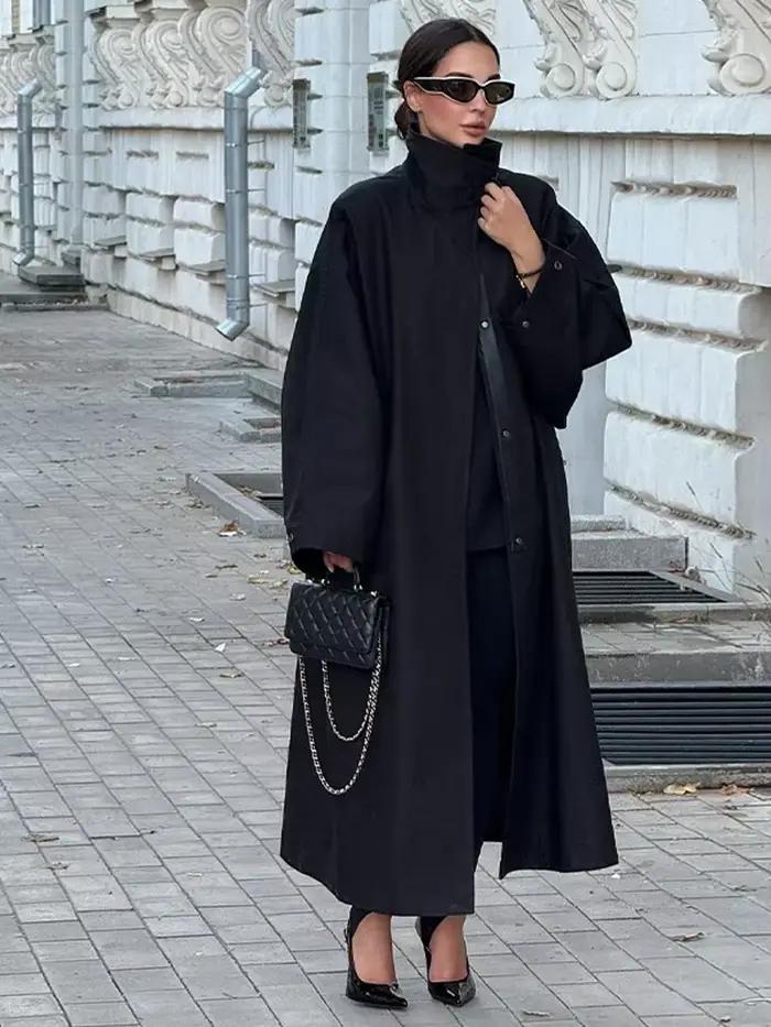 Trench-Coat noir à col montant pour femme, coupe-vent ample à manches longues, simple boutonnage, à la mode, vêtements d'extérieur de rue, automne 2025