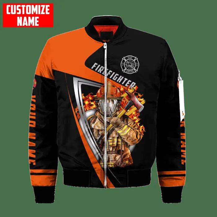 Homme Bomber Personnalisé Nom Brave Pompier 3D Imprimé Hiver Zipper Veste Casual Unisexe Harajuku Streetwear manteau FX-07