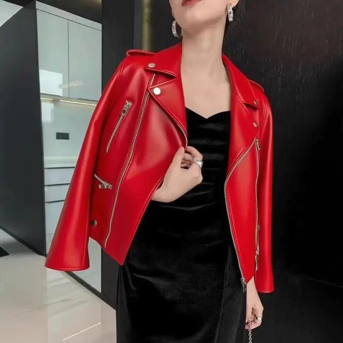 Veste en cuir PU en peau de mouton pour femme, manteau de moto de grande taille, noir, Style régulier, à la mode, rétro, nouvelle collection printemps automne
