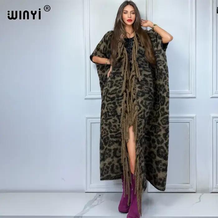 Manteau long en duvet imprimé léopard cardigan de luxe pardessus en fourrure adt cardigan européen vêtements d'extérieur caftan de luxe hiver occaions spéciales
