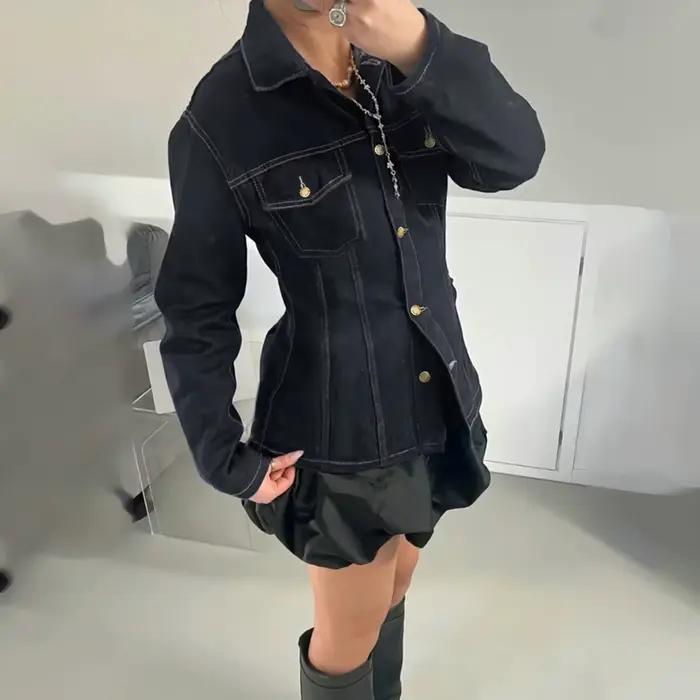 Femmes Y2K Denim hauts à manches longues col rabattu couleur unie boutonné doudoune avec poches pour décontracté quotidien Streetwear