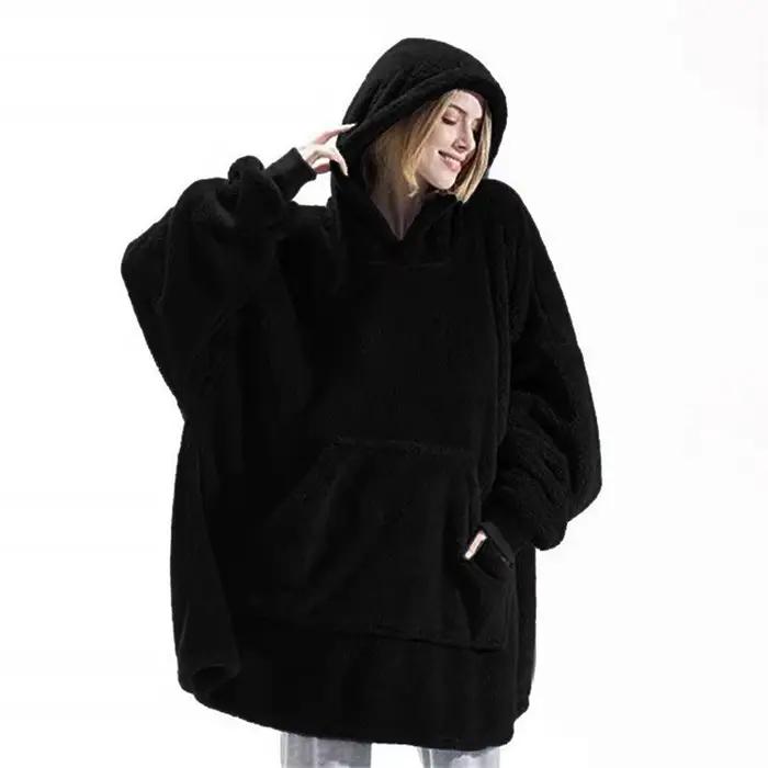 Femmes hiver épais chaud vêtements d'extérieur à capuche solide élégant doux Double polaire veste unisexe poche pull