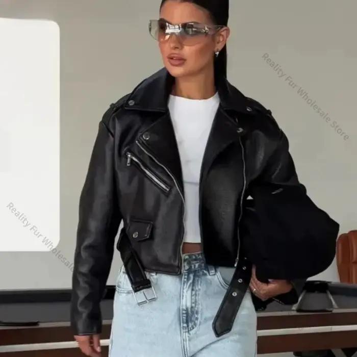 Nouvelle veste de motard pour femme en similicuir PU