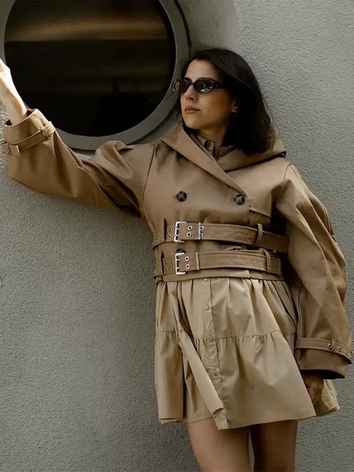Veste courte à capuche avec Double ceinture pour femmes