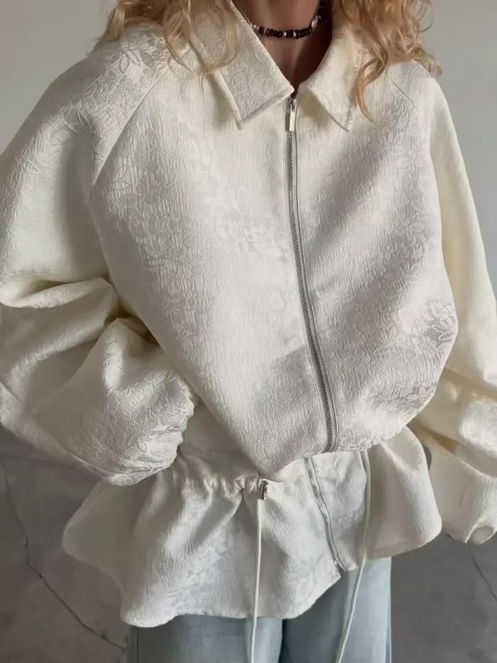 Veste courte beige imprimée à revers et fermeture éclair, avec taille à cordon de serrage et ourlet peplum, pour femme, idéale pour le quotidien, le bureau et les trajets, nouvelle collection 2026