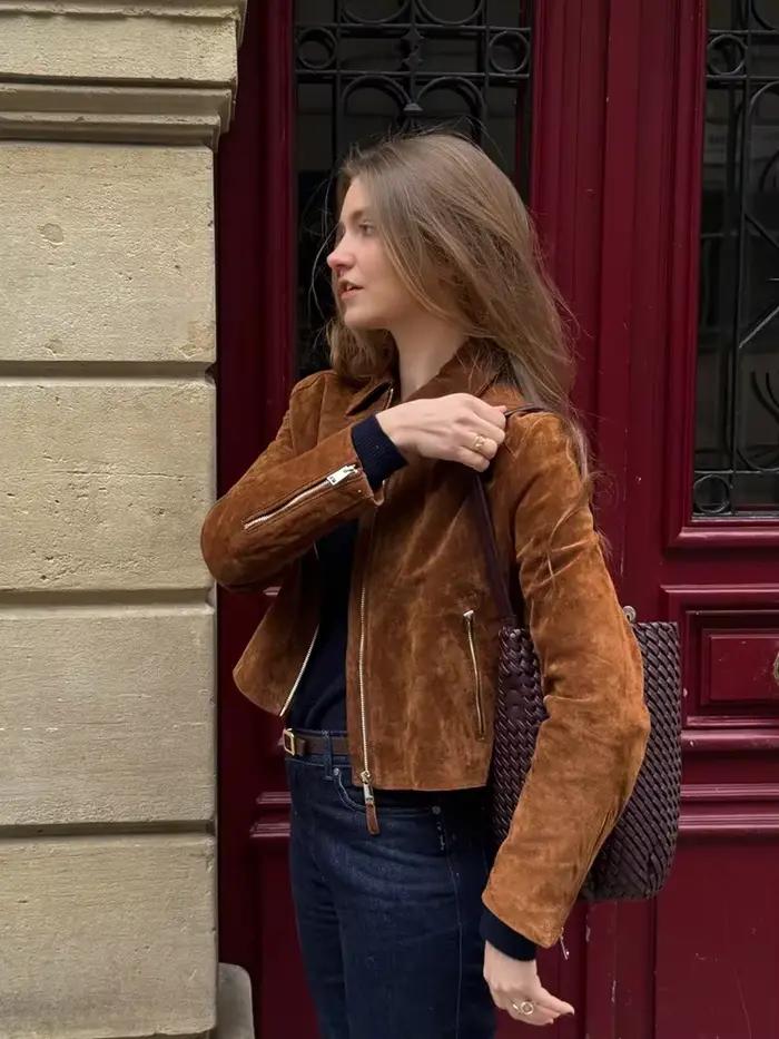 Vestes courtes en daim rétro pour femmes, manteaux décontractés à revers, manches longues, fermeture éclair, nouvelle collection printemps 2025, solide, vêtements d'extérieur pour dames