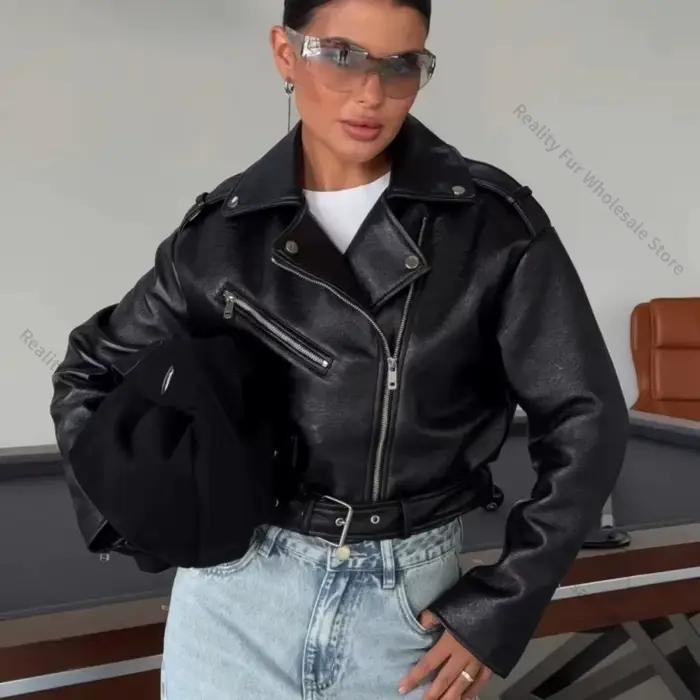 Nouvelle veste de motard pour femme en similicuir PU