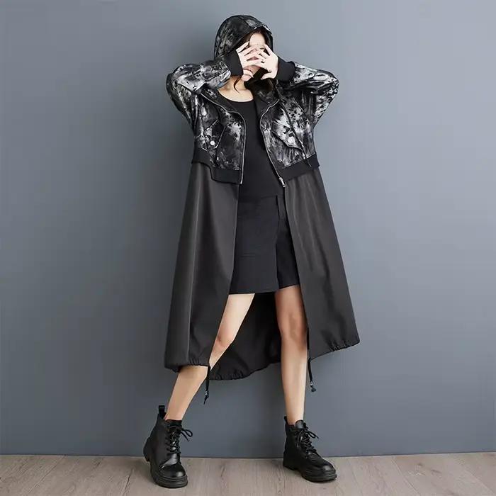 Trench-coat surdimensionné à manches longues pour femmes, noir, vintage, décontracté, ample, automne printemps, vêtements d'extérieur, 2025
