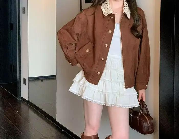 Veste à revers en dentelle vintage marron premium pour femmes coupe ample et décontractée pour printemps et automne occasions spéciales et style coréen