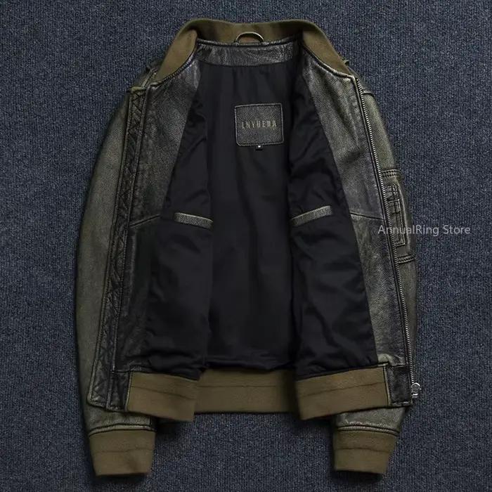 Veste en cuir rétro pour hommes, vert armée MA1, combinaison de vol en cuir de vache naturel, manteau court, vêtements d'équitation pour moto, nouvelle collection 2025