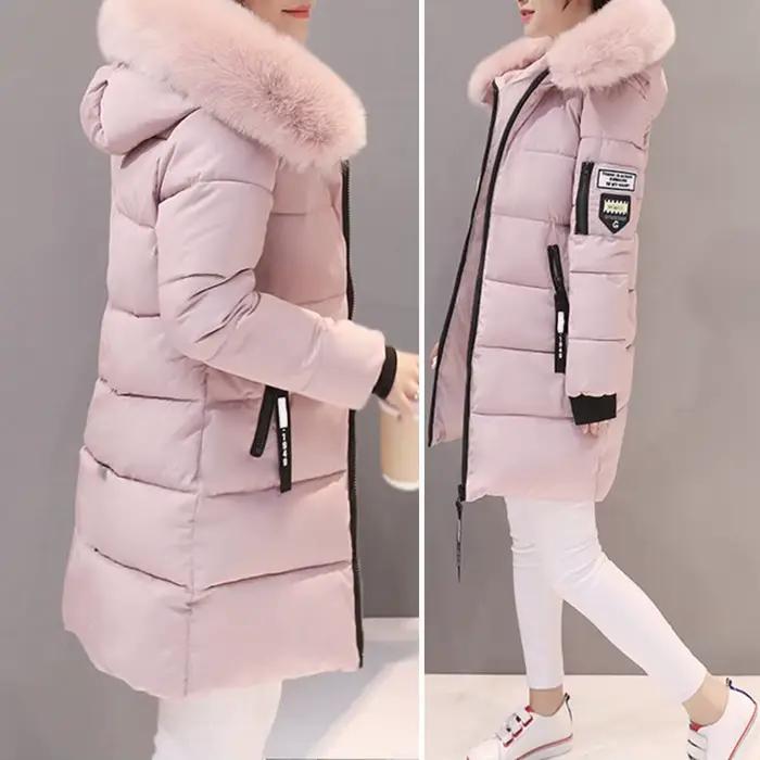 Mode femmes hiver coton manteau Parka épaissi rembourré en peluche à capuche mi-longue chaud fermeture éclair mince