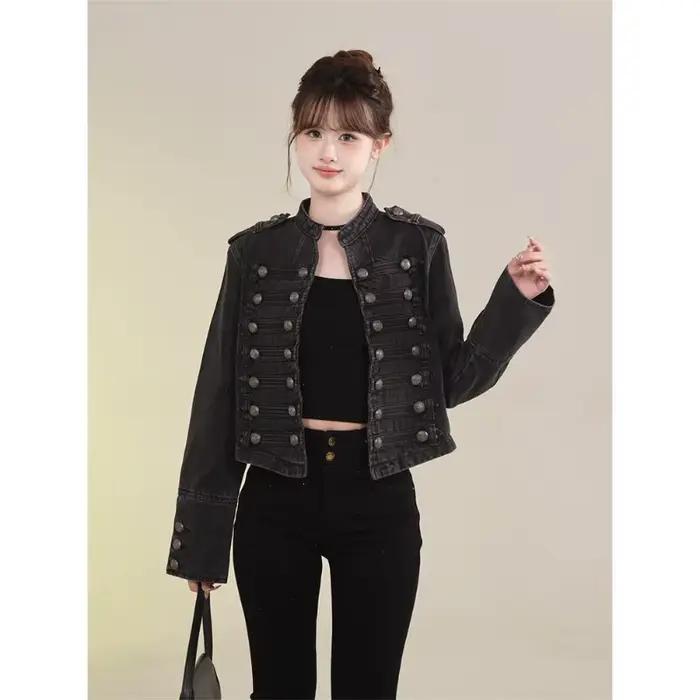 Vêtements pour femmes manteau court nouvelle veste en jean rétro bouton conception mince col montant manches longues