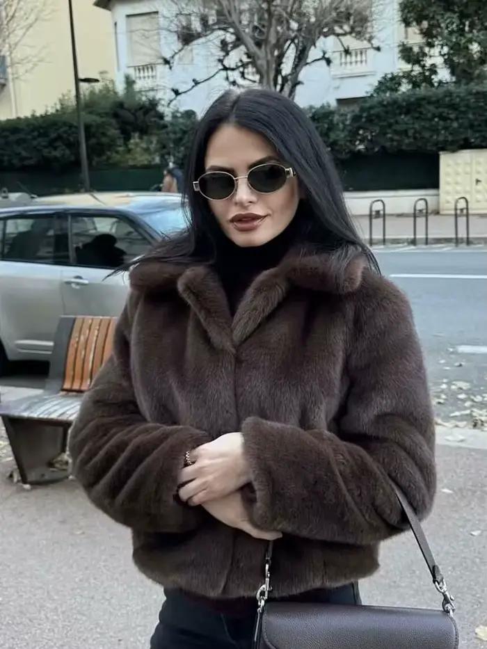 HH femmes décontracté marron court fausse fourrure manteau col rabattu à manches longues veste 2025 automne hiver ample haute rue vêtements d'extérieur