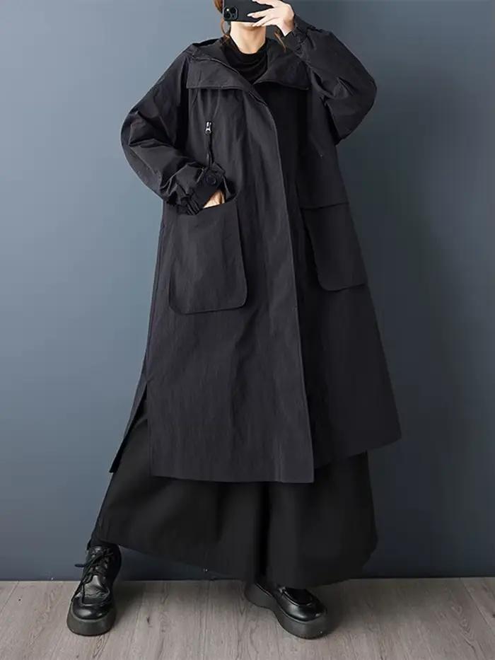 Manteau long oversize noir vintage à capuche zippé pour femme – Nouvelle collection décontractée et ample, vêtement d'extérieur tendance printemps-automne 2026