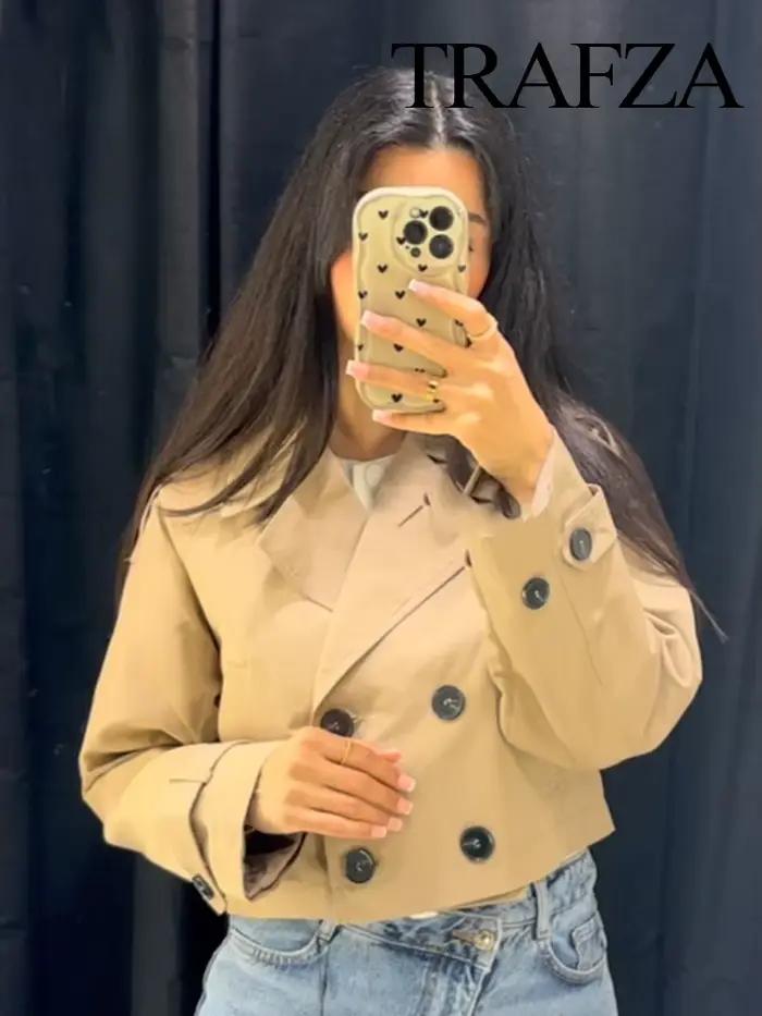 HH femmes poches revers Double boutonnage veste femme automne hiver polyvalent haute rue décontracté à manches longues manteau élégant
