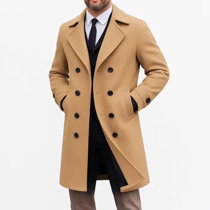 Manteau en laine mi-long pour hommes, veste à Double boutonnage, décontractée et élégante, en Fiber de Polyester, vêtements d'extérieur pour jeunes, automne et hiver