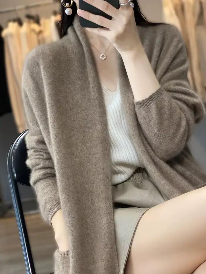Femmes 100% laine mérinos manteau Cardigan à manches longues pull automne hiver couleur unie ample chaud tricots mode femme longue Coa