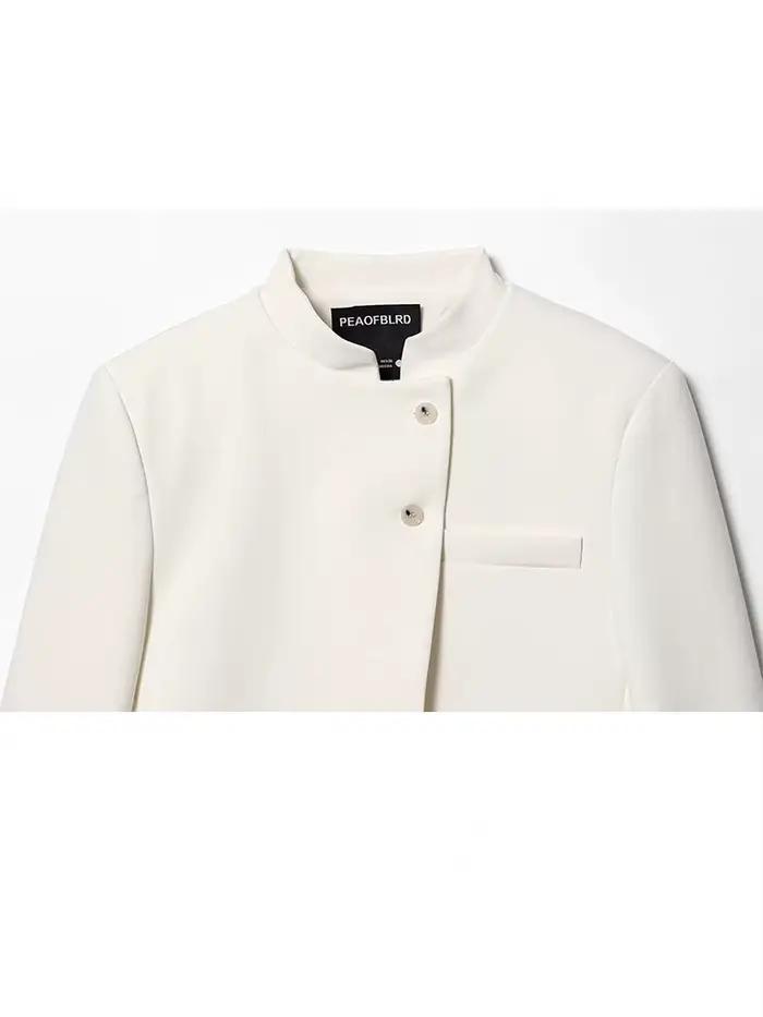 HH femmes automne mode vestes blanc col mi-haut manches longues poches simple boutonnage femme haute rue manteaux