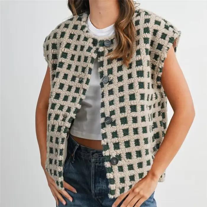 Manteaux gilet polaire pour femmes, printemps-automne, sans manches, col rond, motif écossais, boutonné complet, veste décontractée avec poches
