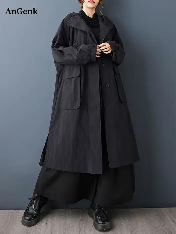 Manteau long oversize noir vintage à capuche zippé pour femme – Nouvelle collection décontractée et ample, vêtement d'extérieur tendance printemps-automne 2026