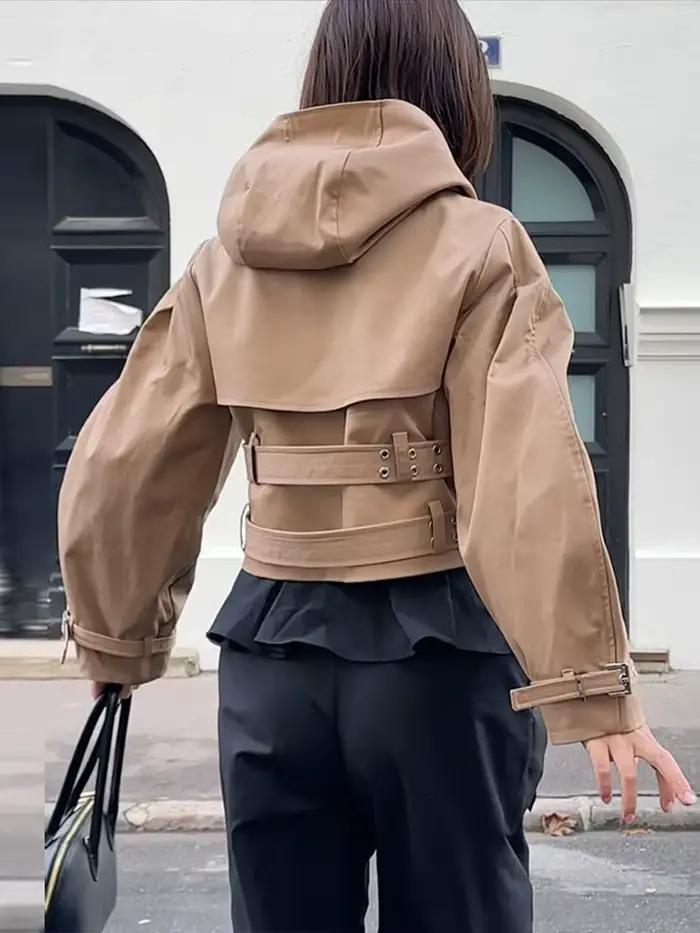 Veste courte à capuche avec Double ceinture pour femmes