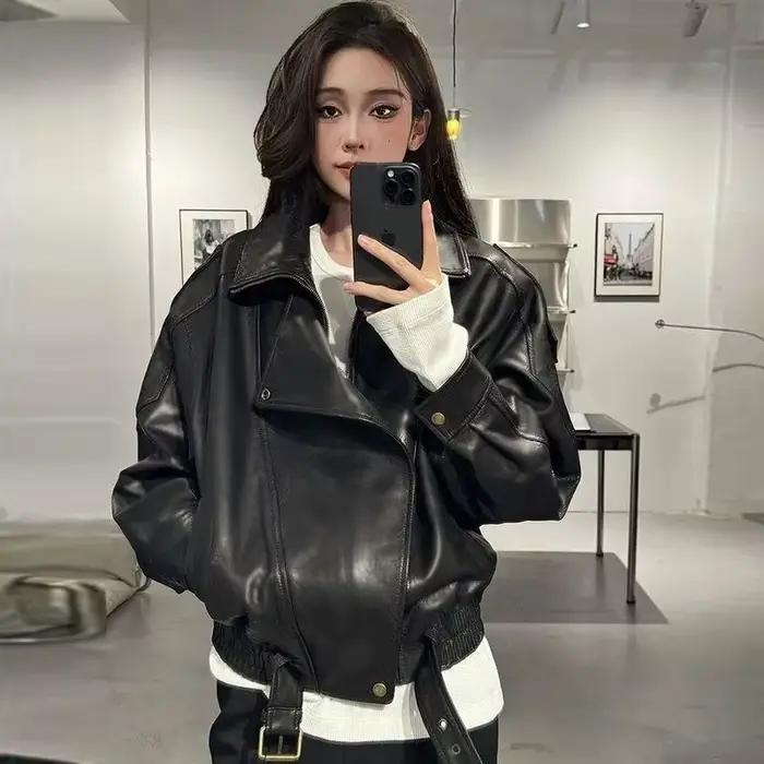Veste surdimensionnée en cuir de peau d'agneau