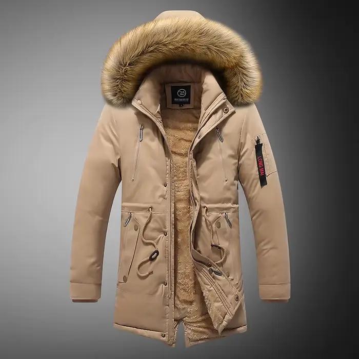 Parka longue à capuche avec col en fourrure pour homme, coupe-vent de neige, pardessus chauds, doublure en laine, vêtements d'extérieur pour homme, hiver, nouveau