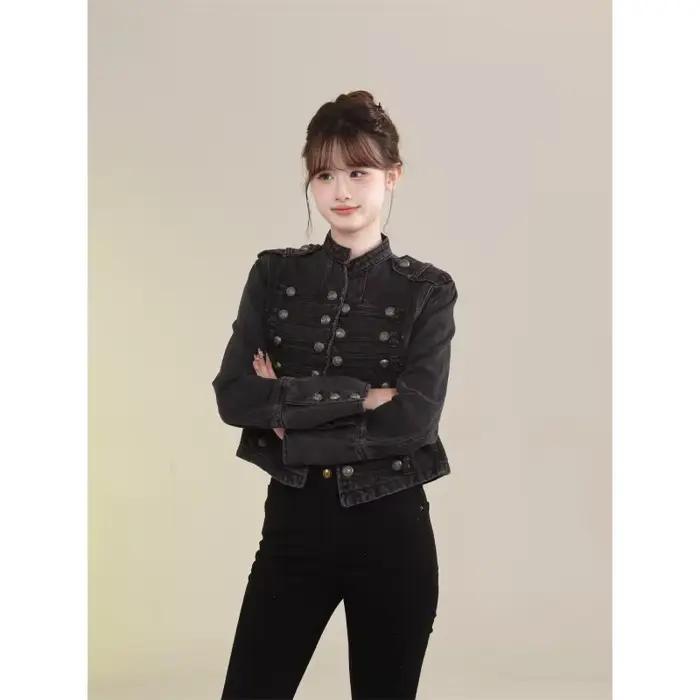 Vêtements pour femmes manteau court nouvelle veste en jean rétro bouton conception mince col montant manches longues